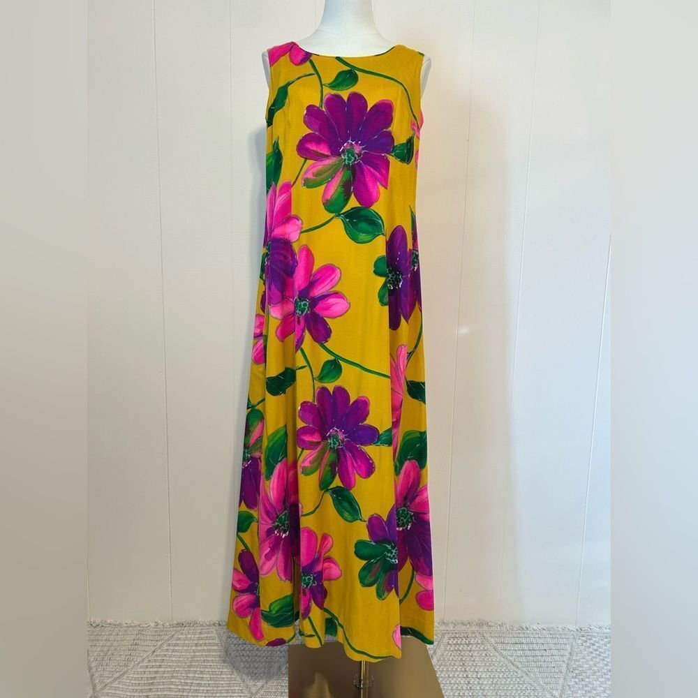 Vintage Penneys Yellow Hawaiian Dress with  Floral Design size 12